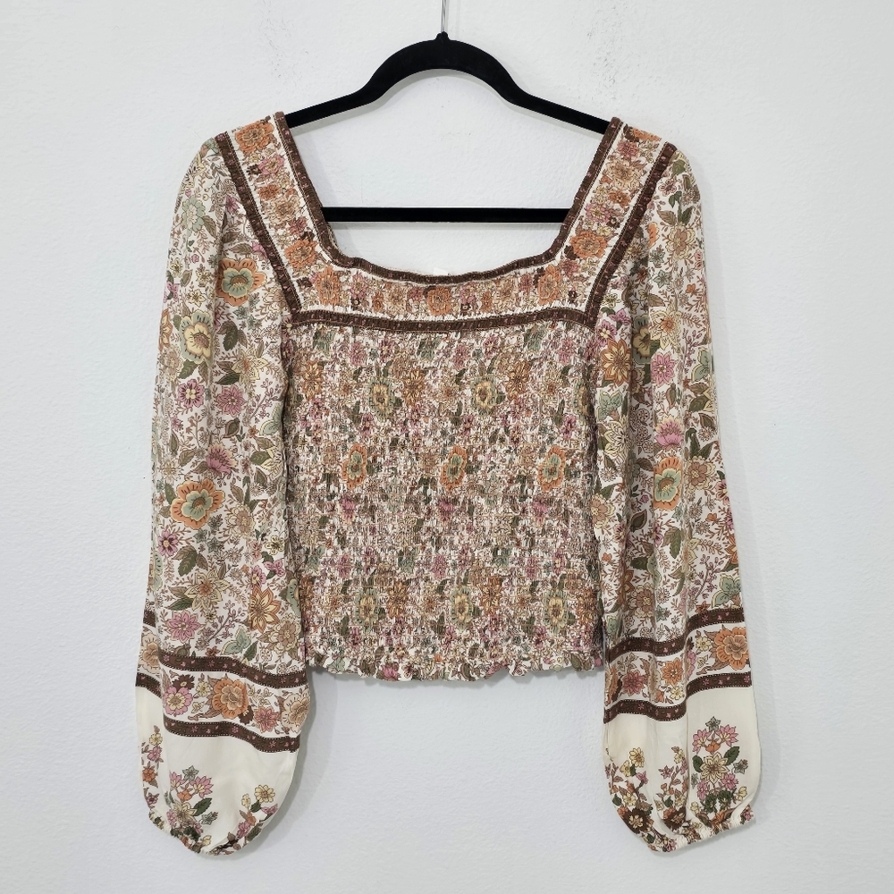 Blu Pepper Smocked Floral Peasant Top Large